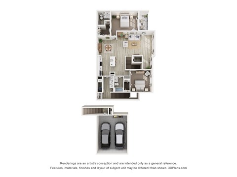 Floor plan for 2 beds, 2 baths, 1629 sqft